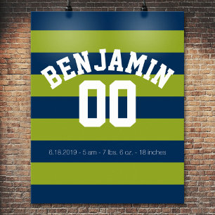 Navy Blue en Lime Green Rugby Stripes Name Number Poster