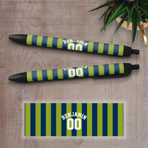 Navy Blue en Lime Green Rugby Stripes Name Number Zwarte Inkt Pen