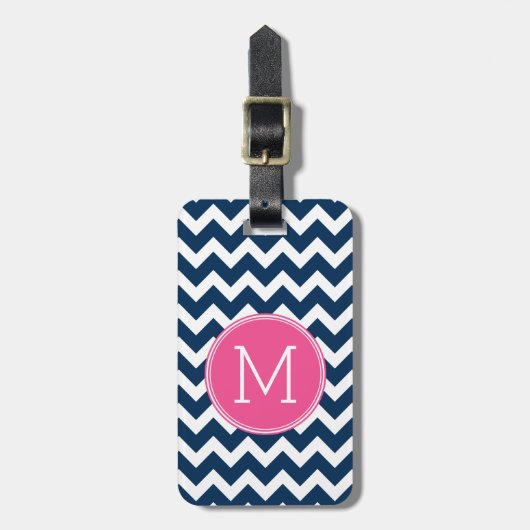 Navy Blue en Magenta Chevrons Custom Monogram Bagagelabel (Voorkant verticaal)