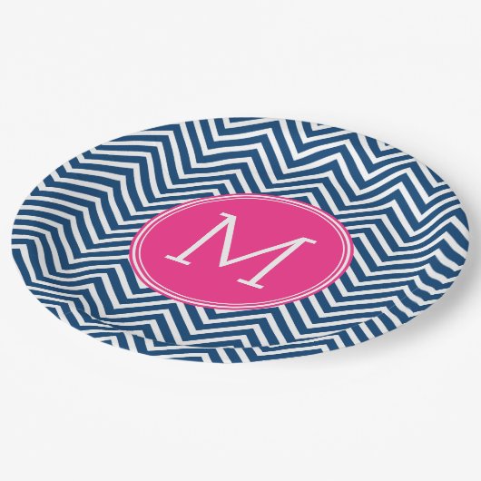 Navy Blue en Magenta Chevrons Custom Monogram Papieren Bordje (Gekanteld)