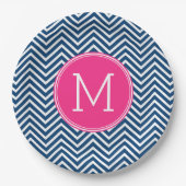 Navy Blue en Magenta Chevrons Custom Monogram Papieren Bordje (Voorkant)