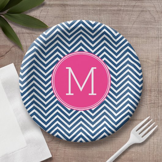 Navy Blue en Magenta Chevrons Custom Monogram Papieren Bordje