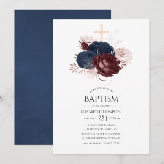 Navy Blue en Maroon Floral Baptism Kaart (Voorkant / Achterkant)