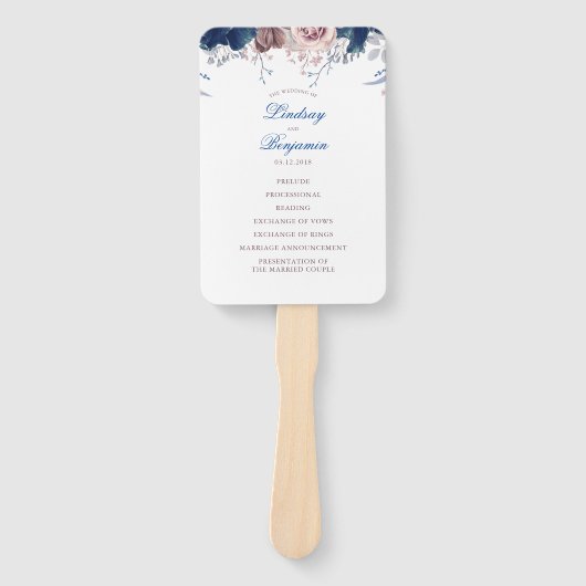 Navy Blue en Mauve Floral bruiloft programma Handwaaier (Voorkant)