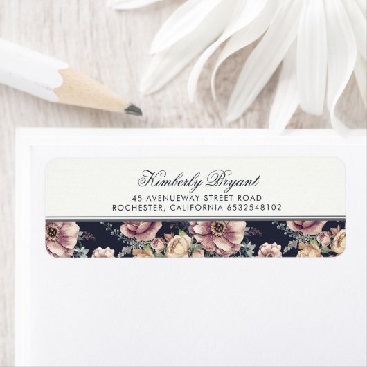 Navy Blue en Mauve Floral Etiket (Insitu)