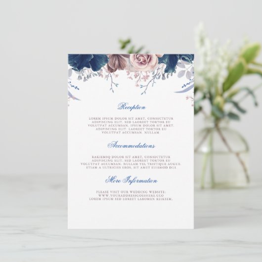 Navy Blue en Mauve trouwinformatie Gast Informatiekaartje (Staand voorkant)