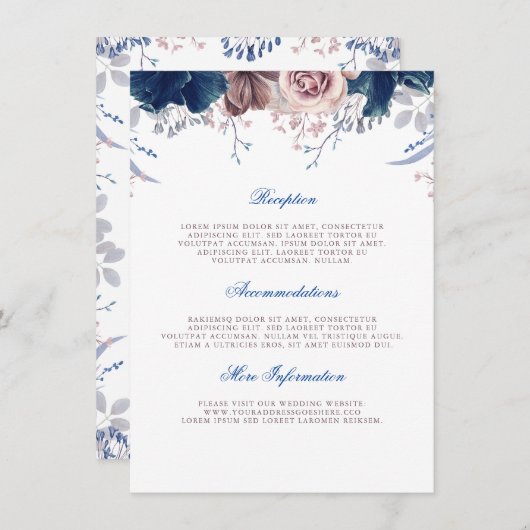 Navy Blue en Mauve trouwinformatie Gast Informatiekaartje (Voorkant / Achterkant)