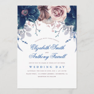 Navy Blue en Mauve Waterverf Bloemenbruiloft Kaart