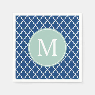 Navy Blue en Mint Green Quatrefoil Monogram Servetten
