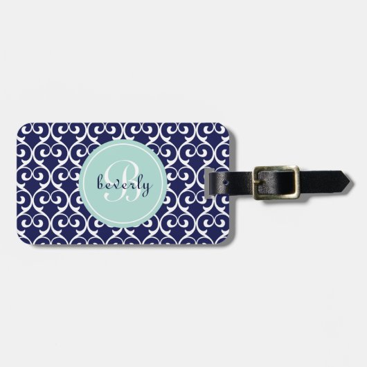 Navy Blue en Mint Heartlocked Print Bagagelabel (Voorkant horizontaal)