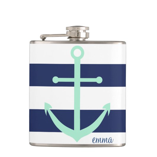 Navy Blue en Mint Monogram Anchor Flask Heupfles (Voorkant)