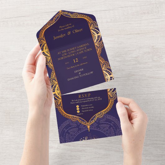 Navy Blue en of Violet met Gold Mandalas All In One Uitnodiging (Afscheurbaar)