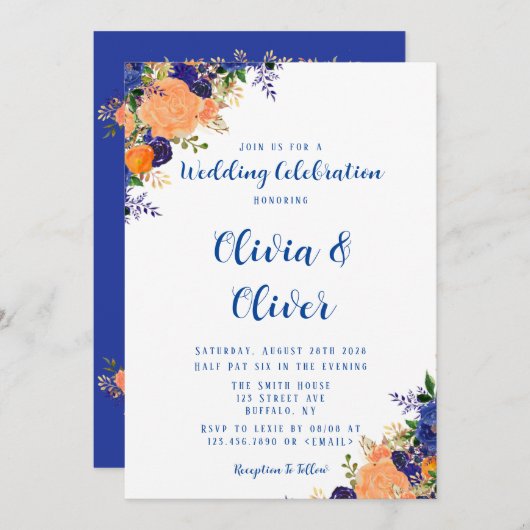Navy Blue en Oranje botanische Florals Weddenschap Kaart (Voorkant / Achterkant)
