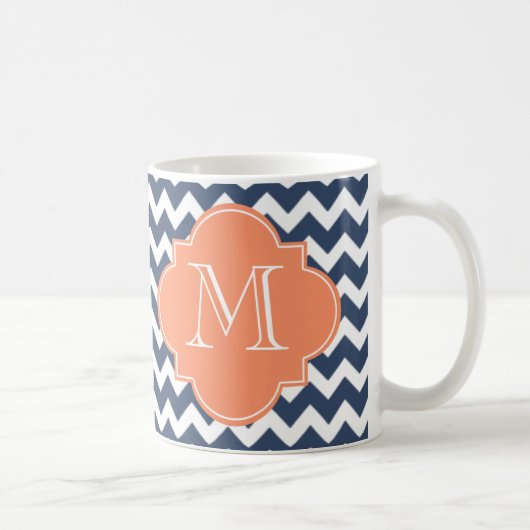Navy Blue en Oranje Chevron Custom Monogram Koffiemok (Rechts)