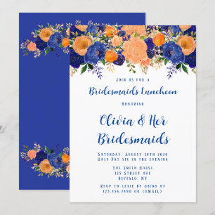 Navy Blue en Oranje Floral Bridesmaids Luncheon Kaart
