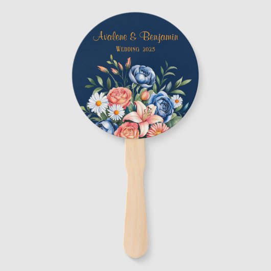 Navy Blue en Oranje Peony Flower Wedding Handwaaier (Voorkant)