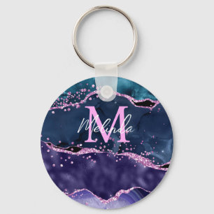 Navy Blue en Paars Glitter Ocean Agate Sleutelhanger