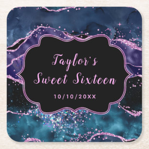 Navy Blue en Paarse Ocean Agaat Sweet Sixteen Vierkante Kartonnen Onderzetter