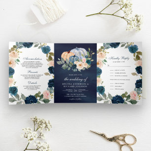 Navy Blue en Peach Floral Pumpkin Wedding Drieluik Uitnodiging