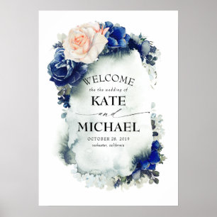 Navy Blue en Peach Floral Vintage Wedding Welcome Poster
