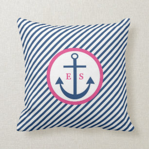 Navy Blue en Pink Anchor Monogram Pillow Kussen