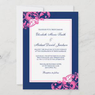 Navy Blue en Pink Flourish Swirls Wedding Kaart