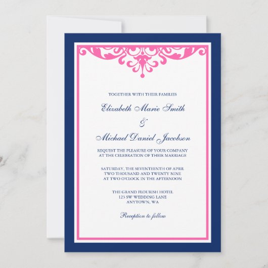 Navy Blue en Pink Flourish Wedding Invitations Kaart (Voorkant)