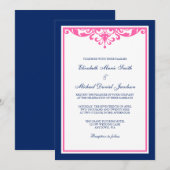 Navy Blue en Pink Flourish Wedding Invitations Kaart (Voorkant / Achterkant)