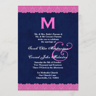 Navy Blue en Pink Lace Monogram Wedding G112 Kaart
