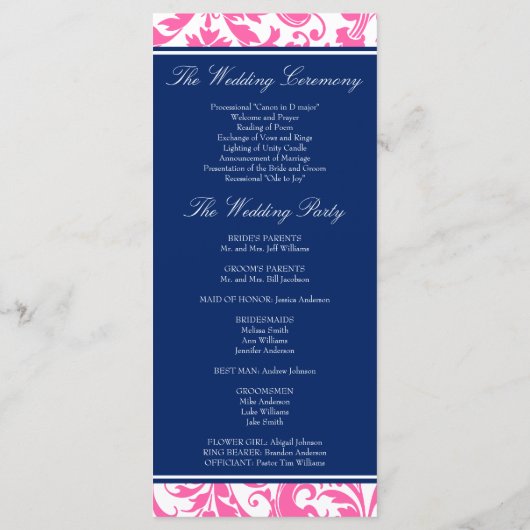 Navy Blue en Pink Swirls Damask Wedding Program Programma (Achterkant)