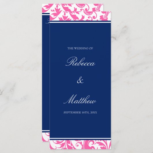 Navy Blue en Pink Swirls Damask Wedding Program Programma (Voorkant / Achterkant)