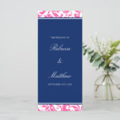 Navy Blue en Pink Swirls Damask Wedding Program Programma (Staand voorkant)