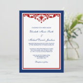 Navy Blue en Red Flourish Wedding Kaart (Staand voorkant)