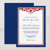 Navy Blue en Red Flourish Wedding Kaart (Voorkant / Achterkant)