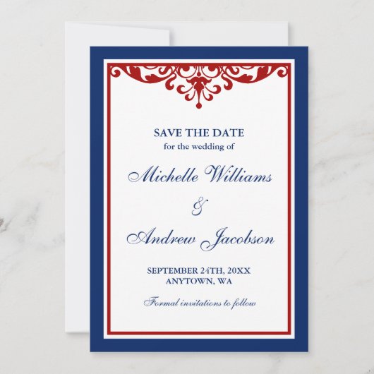 Navy Blue en Red Flourish Wedding Save the Date (Voorkant)