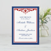 Navy Blue en Red Flourish Wedding Save the Date (Staand voorkant)