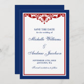 Navy Blue en Red Flourish Wedding Save the Date (Voorkant / Achterkant)