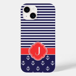 Navy Blue en Red Preppy Nautical Monogram Case-Mate iPhone 14 Hoesje