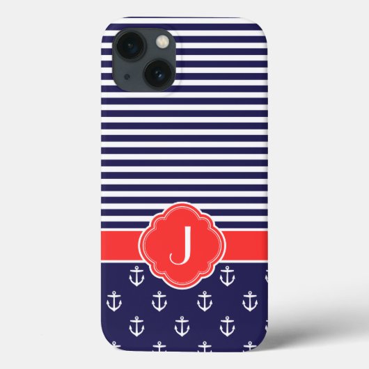 Navy Blue en Red Preppy Nautical Monogram Case-Mate iPhone Case (Achterkant)