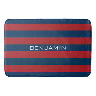 Navy Blue en Red Rugby Stripes met aangepaste naam Badmat