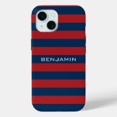 Navy Blue en Red Rugby Stripes met aangepaste naam Case-Mate iPhone Case (Achterkant)