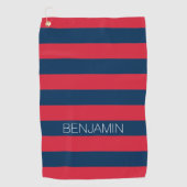 Navy Blue en Red Rugby Stripes met aangepaste naam Golfhanddoek (Voorkant)