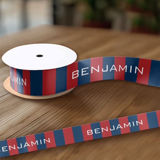 Navy Blue en Red Rugby Stripes met aangepaste naam Lint