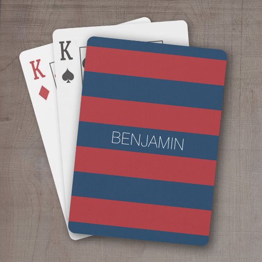 Navy Blue en Red Rugby Stripes met aangepaste naam Pokerkaarten