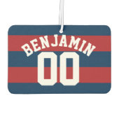Navy Blue en Red Rugby Stripes Name Number Luchtverfrisser (Achterkant)