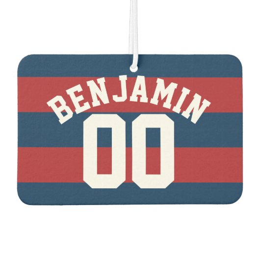 Navy Blue en Red Rugby Stripes Name Number Luchtverfrisser (Voorkant)