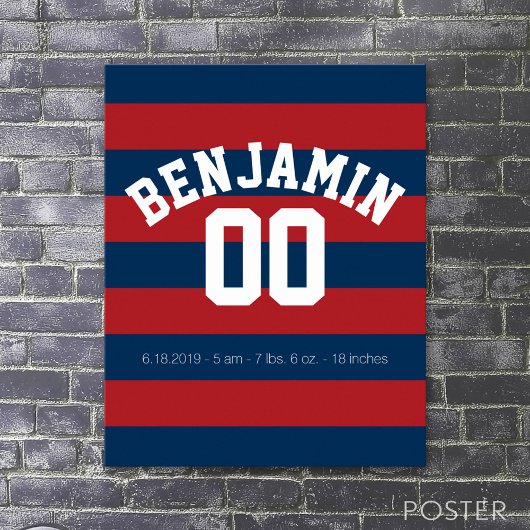 Navy Blue en Red Rugby Stripes Name Number Poster