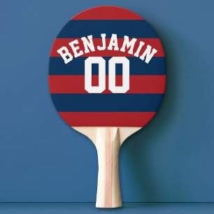 Navy Blue en Red Rugby Stripes Name Number Tafeltennisbatje
