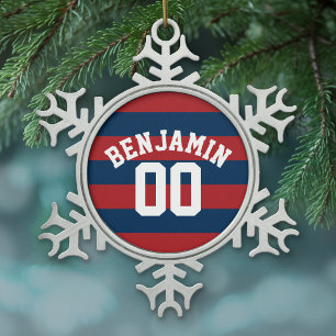 Navy Blue en Red Rugby Stripes Name Number Tin Sneeuwvlok Ornament