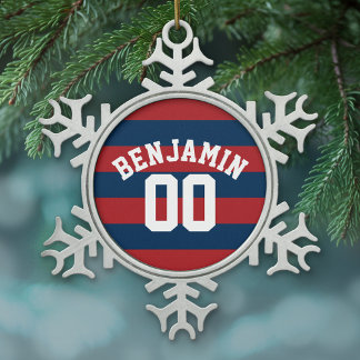 Navy Blue en Red Rugby Stripes Name Number Tin Sneeuwvlok Ornament